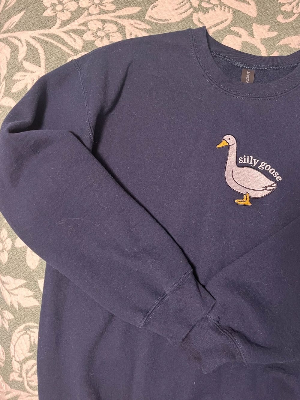 Gildan Navy Sweatshirt with 'Silly Goose' Embroidered Patch